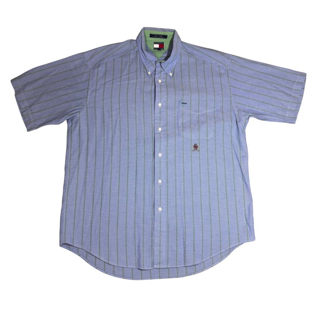 Tommy Hilfiger Mens Blue Green Striped Short Sleeve Oxford Button Down Shirt L